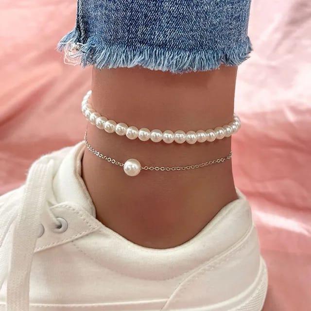 2 Pcs Alloy Silver Plated Pearl Stone Anklet